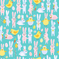 seamless Easter pattern of rabbits and chickens with carrots, eggs, flowers. Vector cute characters in the style of hand-drawn flat pastel colors. suitable for decoration, packaging paper, textile