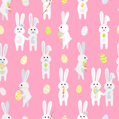 seamless Easter pattern of bunny with carrots, eggs, flowers. Vector cute characters in the style of hand-drawn flat pastel colors. suitable for decoration, packaging paper, textile