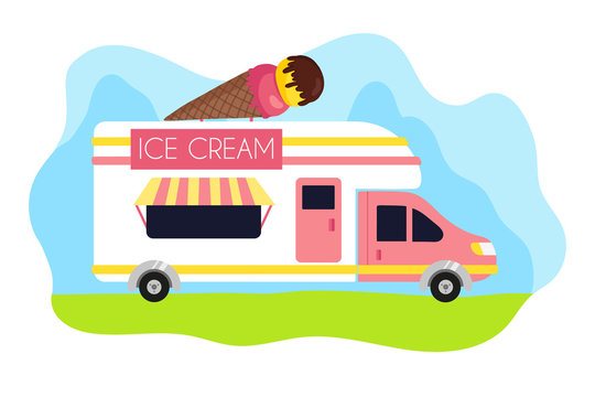 the ice cream truck. vector flat illustration. concept for street food. happy summer vacation in the city. Van with sweet desserts