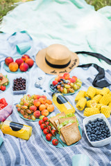 Summertime picnic setting on the grass with open picnic basket, fruit, salad and cherry pie