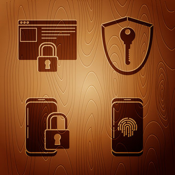 Set Smartphone with fingerprint scanner , Secure your site with HTTPS, SSL, Smartphone with closed padlock and Shield with key on wooden background. Vector