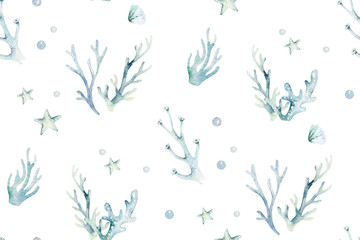 Zeedieren blauwe aquarel oceaan naadloze pettern vis, schildpad, walvis en koraal. Shell aquarium achtergrond. Nautische zeester mariene illustratie