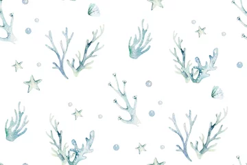 Tapeten Meerestiere Meerestiere blau Aquarell Ozean nahtlose Pettern Fische, Schildkröten, Wale und Korallen. Shell-Aquarium-Hintergrund. Nautische Seesterne Marine Illustration