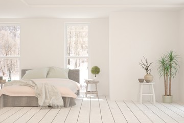 Stylish bedroom in white color with winter landscape in window. Scandinavian interior design. 3D illustration