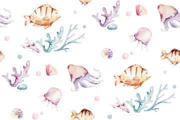 Sea animals blue watercolor ocean seamless pettern fish, turtle, whale and coral. Shell aquarium background. Nautical starfish marine illustration