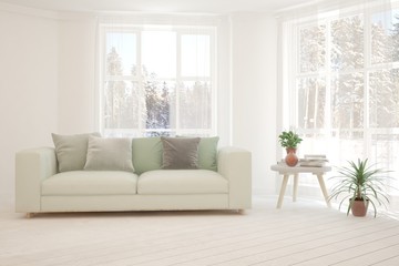 Stylish room in white color with sofa and winter landscape in window. Scandinavian interior design. 3D illustration