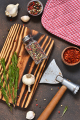 Photo background with a cutting board. Kitchen tools.