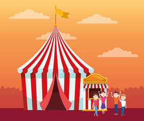 fair tent and people around over orange sunset background, colorful design