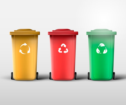 Waste management. Recycle bins for trash and garbage. Trash containers with recycle, biodegradable and sustainable icons.