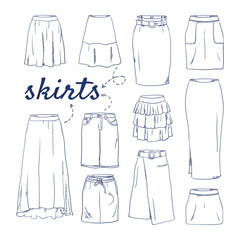 Doodle set of Skirt Collection – Layered, Paneled, Assymetrical, Trumpet, Pegged, Tulle, Ruffled, Godet, Bubble, Tulip, Knife pleated, Draped, Gypsy, Accordion, Ruffled, hand-drawn. sketch illustrati