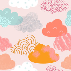 Cute Clouds seamless Pattern. Scandinavian Hand Drawn Style. Template design for invitation, poster, card, fabric, textile, wallpaper.