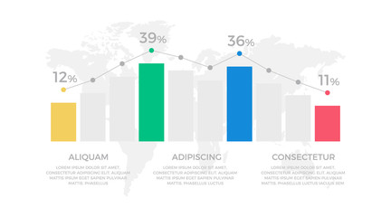 Set of yellow, green, blue and red elements for infographic with world map presentation slides.