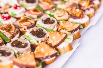 Canapes and appetizers catering service buffet meal concept.