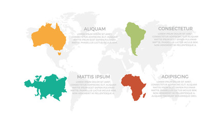 Fototapeta premium Set of orange, green, turquoise and red elements for infographic with world map presentation slides.