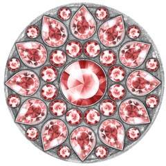 Mandala with red gems. Round pattern, jewelry decoration on white background