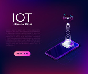 Iot (internet of things) landing page template with communication tower. IOT illustration concept wth isometric phone and telecommunication tower.