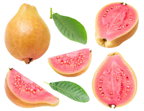 Isolated guava. Collection of yellow pink fleshed guava fruit slices isolated on white background with clipping path