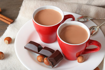 Cups of coffee, sweets, breakfast  on Valentine's Day.