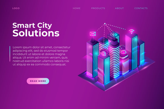 Smart City Solutions website page template. promotion poster for smart city economics strategy, flyer or brochure concept for smart city solutions