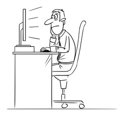 Obraz premium Vector funny comic cartoon drawing of bored man, office worker or businessman working on computer.