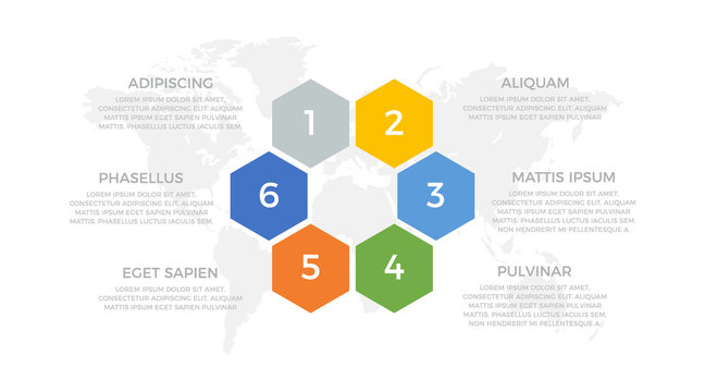 Set of yellow, blue, green, orange and gray elements for infographic with world map presentation slides.
