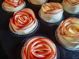 Apple rose pastry dessert, close up and high angle view 