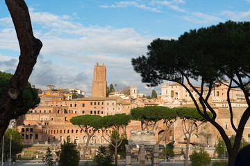 Ancient Rome city skyline with Trajan's Forum. Rome. Lazio. Italy.