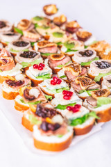 Tasty canapes and appetizers catering service buffet meal concept.