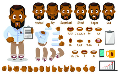 Cartoon afro-american bearded man constructor for animation. Parts of body: legs, arms, face emotions, hands gestures, lips sync. Full length, front, three quater. Set of ready to use poses, objects.