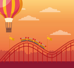 hot air balloon and roller coaster over orange sunset background, colorful design
