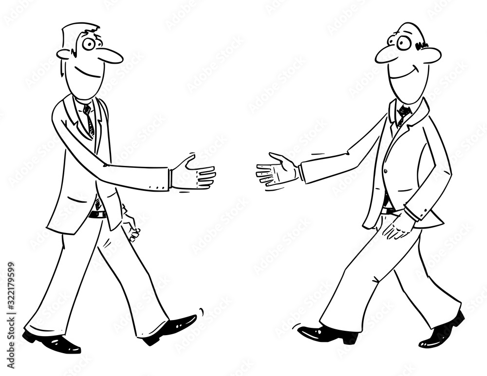 Canvas Prints vector funny comic cartoon drawing of two businessmen shaking hands or handshaking. business concept