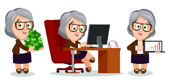 Senior silver haired woman passionating about her office work. Aged spectacled lady keeping lots of money, sitting at computer desk, holding laptop with diagram and showing thumb up. Cartoon set.