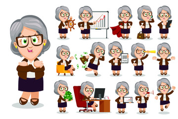 Big set with silver haired senior businesswoman in different situations. Aged spectacled lady, company owner, leader, financial director, banker working, speaking, jumping for joy. Cartoon vector.