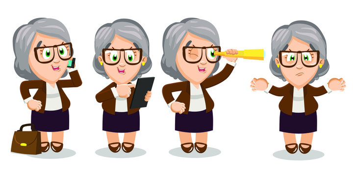 Set with senior businesswoman in different poses. Silver haired lady chief accountant, financial director. or owner speaks by smartphone, looks through spyglass, makes helpless gesture, uses tablet.