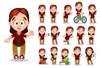 Big set with redheaded teenager, student in checkered shirt and trousers. Tomboyish girl riding bicycle, speaking by phone, reading book, learning, running, using laptop. Cartoon vector on white.