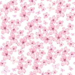 Foto auf Acrylglas Nahtloses Muster des netten handgemalten Aquarells der rosa Blumen und der Schmetterlinge. Schöne Blumen. Sanfte Frühlingshintergründe. Gut geeignet für Geschenkpapier und Taschentücher. Handgefertigt. © Tatiana 
