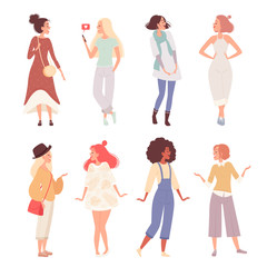 Set of happy women in various clothes in various poses. Casual Dressed Girls
