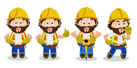 Smiling bearded builder man spending time at construction area. Foreman standing with arms akimbo, showing thumb up, perforating with drill, crying and giving instructions. Cartoon vector set on white