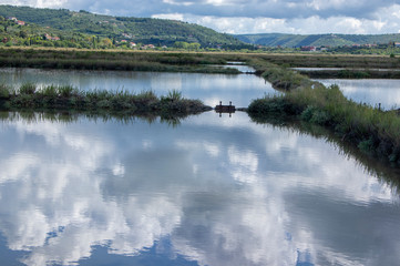 Secovlje Saltworks largest Slovenian salt evaporation pond on Adratic sea, natural and industrial landscape in Slovenia Piran