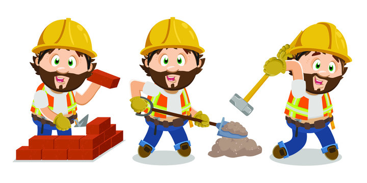 Bearded man in hardhat and industrial vest working at construction. Builder laying bricks, digging with shovel, taking swing with sledge hummer. Cartoon vector set isolated on white background.