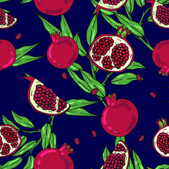 Seamless vector pattern with pomegranate, pomegranate seeds and sleeves on blue background. Good for printing. Wallpaper, fabric and textile design. Botanical wrapping paper pattern. Doodle style.