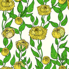 Seamless vector pattern with yellow pions and green branch with leaves. Good for printing. Wallpaper, fabric and textile ideas. Cute floral wrapping paper pattern. Spring bouquet.