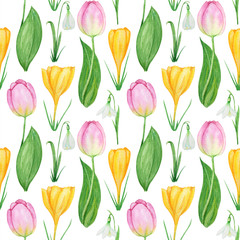 Seamless pattern with Snowdrop crocus and tulip spring easter flowers with green leafs. Hand painted Fabric texture with Snowdrops, tulips Watercolor illustration on white background. Spring simbols
