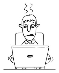 Vector funny comic cartoon drawing of tired or overworked office worker or man or businessman working or typing on computer.