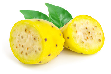 half of yellow prickly pear or opuntia isolated on a white background