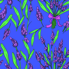 Seamless vector pattern with lavender flowers on blue background. Good for printing. Wallpaper, fabric and textile design. Cute floral wrapping paper pattern 