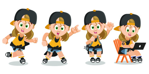 Highlights of hoydenish blond student, sportive teenager life. Tomboyish girl running, showing hard rock gesture, standing with backpack and waving hand, sitting with laptop. Vector cartoon on white.