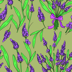 Seamless vector pattern with lavender flowers on brown background. Good for printing. Wallpaper, fabric and textile design. Cute floral wrapping paper pattern 