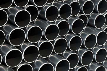 Steel pipes background closeup, 3D rendering