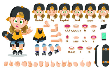 Cartoon skater girl constructor for animation. Parts of body: legs, arms, face emotions, hands gestures, lips sync. Full length, front, three quater view. Set of ready to use poses, objects. © Vectors_BySkop